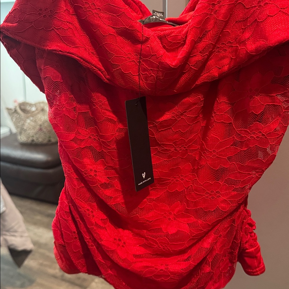 Lulus Sultry Whimsy Red Lace Off-the-shoulder Bodysuit - Size L - Picture 3 of 5